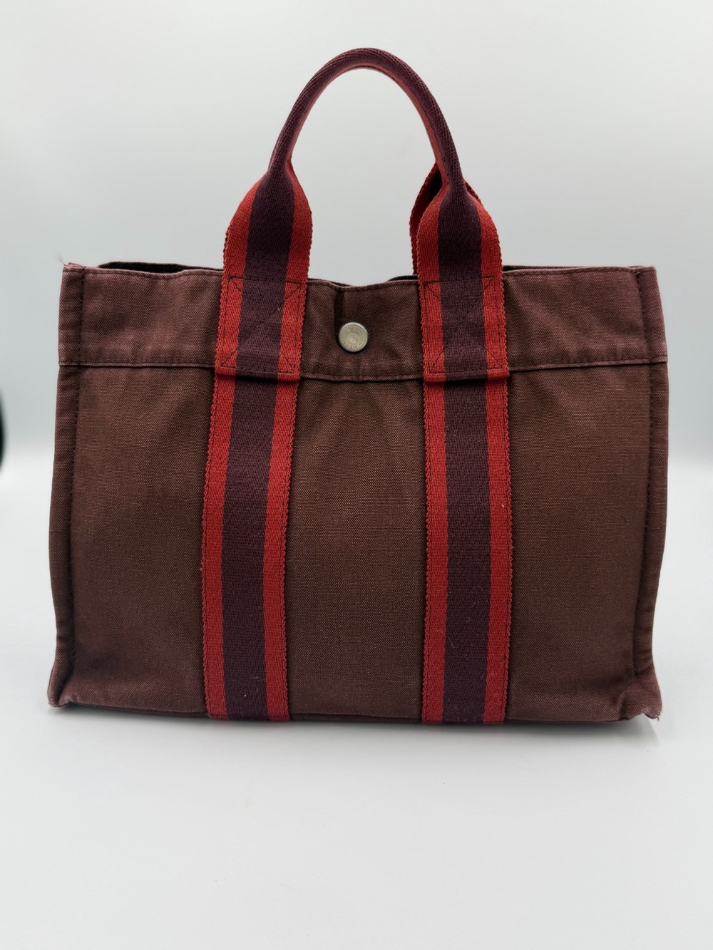 Hermes Brown Canvas Tote with Red Stripe Handles
